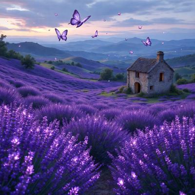 The primary subject of the image is a purple field filled with purple flowers. The setting is a mountainous area with a small house in the background. The visual style is a digital art illustration, creating a serene and peaceful atmosphere. The dominant colors are purple and lavender, which contribute to the overall mood of the scene.